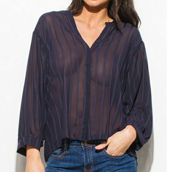 LAST ONE! Sheer Chiffon Collarless High Low Blouse - Picture 2 of 6
